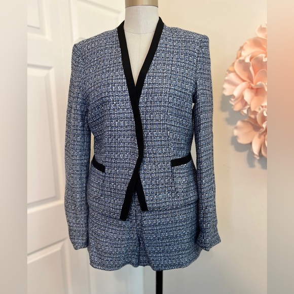 H&M Tweed Short Set Suit Blue White With Black Trim Size 14 - Picture 4 of 7